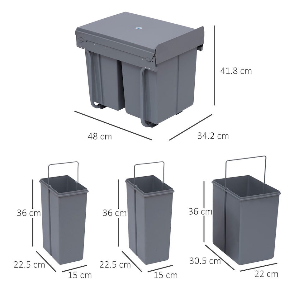 image 1 of HOMCOM Pull Out Bin with Soft Close and Handle, Kitchen Under Sink Bin with 3 Removable Compartments for Recycling and Waste, 40L (1x20L+2x10L), Grey