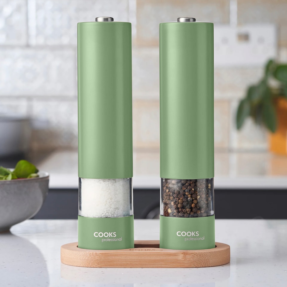 image 1 of Cooks Professional Electric Salt & Pepper Mill Set with Bamboo Base