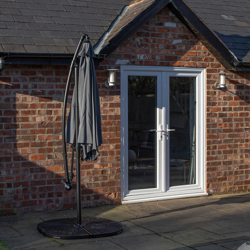 image 1 of Outdoor 6 Person Rectangular Glass Top Garden Dining Table Chairs With Grey Banana Parasol and Base