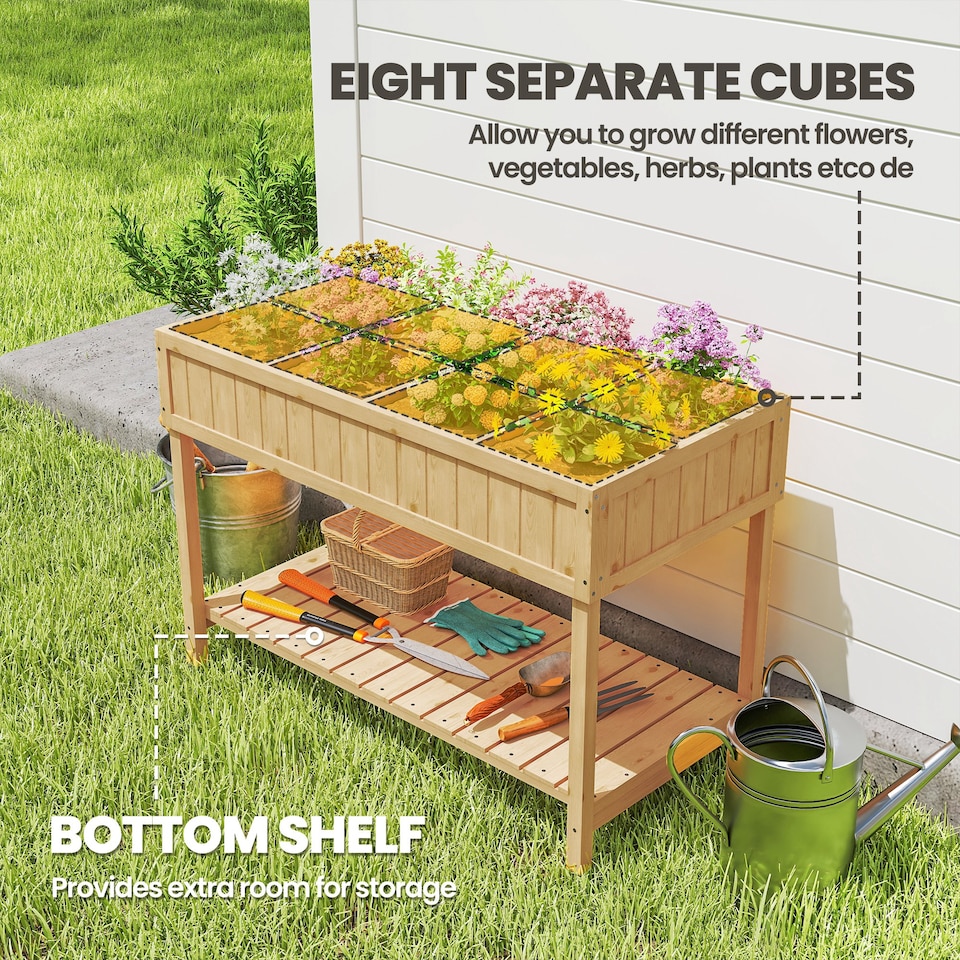 image 1 of Outsunny Wooden Herb Planter Stand 8 Cubes Bottom Shelf Raised Bed Natural