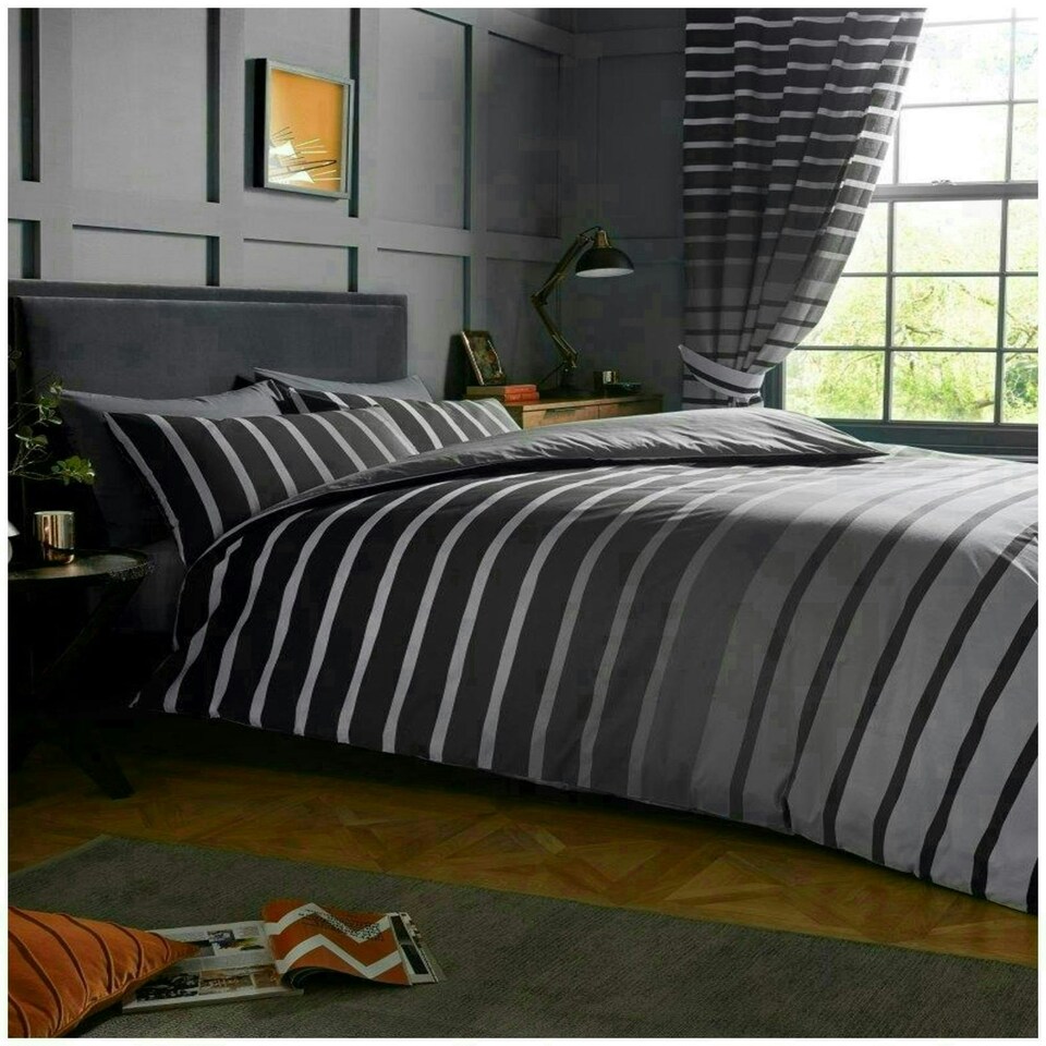 image 1 of VELVETIO Oscar Stripe Duvet Cover Set Reversible Polycotton Easy Care Beddings Grey | Double