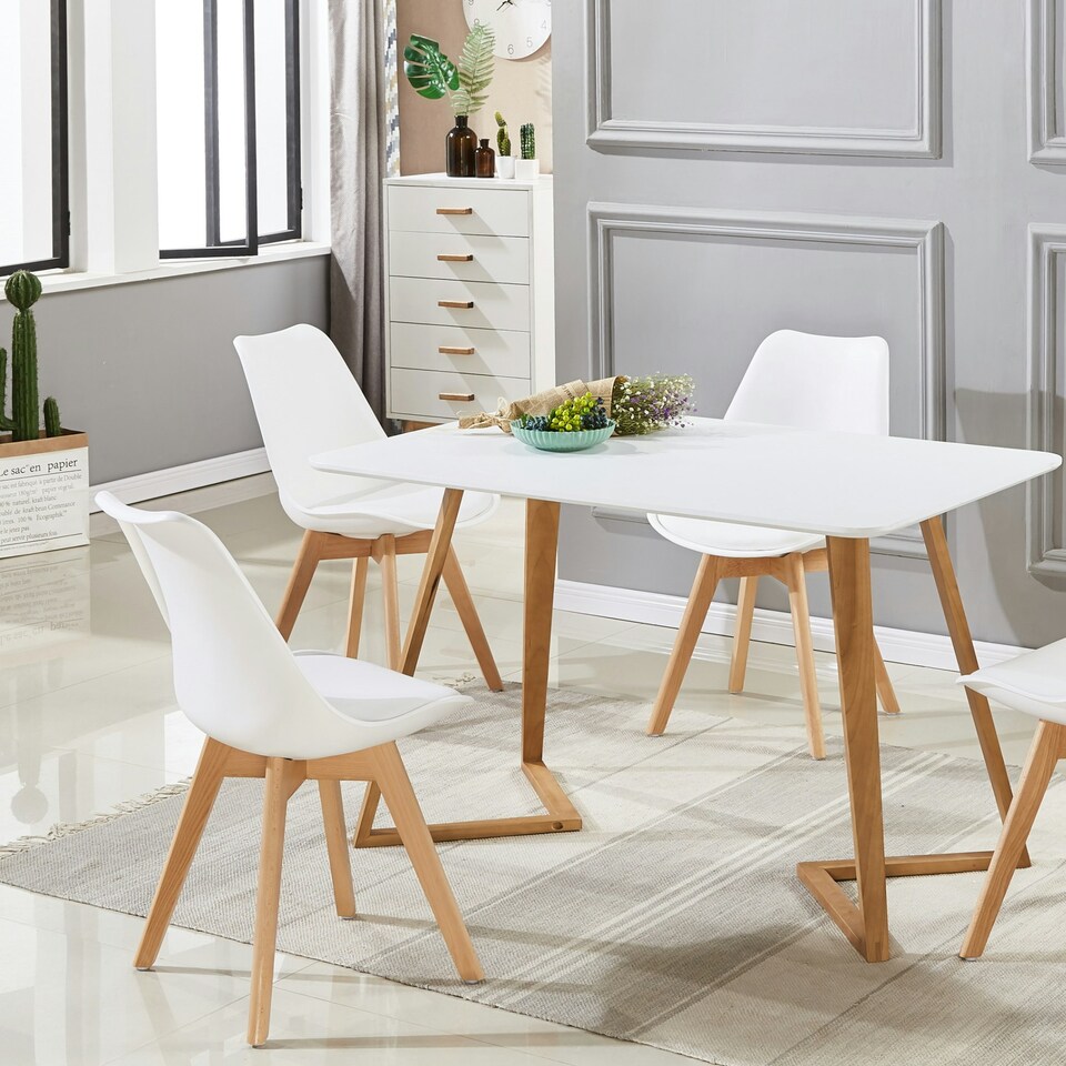 image 1 of 5PCs Dining Set - a White Dallas Dining Table & Set of 4 Lorenzo Tulip Chairs with Padded Seat | White