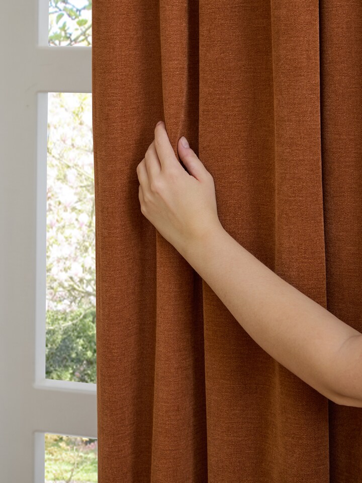 image 1 of Furn Soft Chenille Blackout Eyelet Curtain Pair, 117cm width x 183cm drop | Orange | Rust | 1