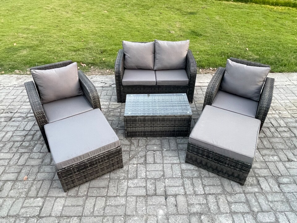 image 1 of Fimous 6 Seater Garden Furniture Set Rattan Outdoor Lounge Sofa Chair With Tempered Glass Table 2 Big Footstool Dark Grey Mixed