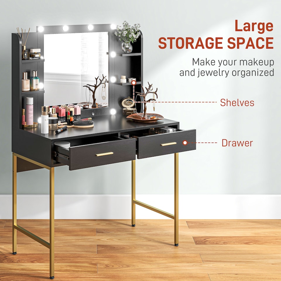 image 1 of HOMCOM Makeup Vanity Desk Set with Lighted Mirror, Stool, Drawers, Black