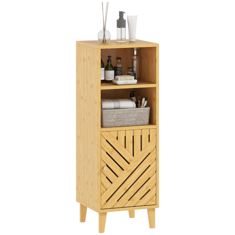 image 1 of HOMCOM Slim Bathroom Cabinet with Bamboo Door and Legs, Narrow Bathroom Storage Cabinet, Freestanding Storage Cupboard with Open Compartments, 32 x 30 x 90 cm, Natural Wood Finish