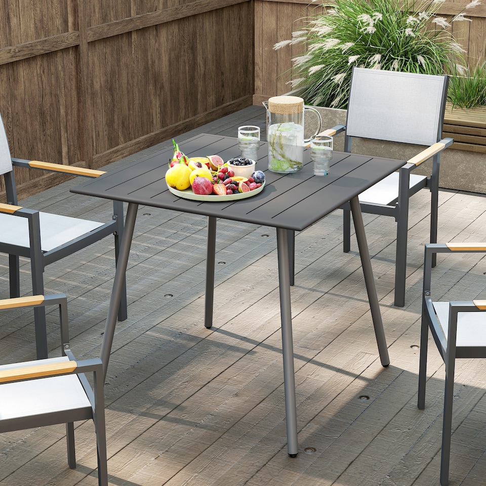 image 1 of Outsunny Garden Dining Table for 4 Person, Square Outdoor Table with Easy Clean Slat Top, Rust Resistant Steel Frame, for Terrace, Balcony, 80 x 80 x 74 cm, Grey | Grey