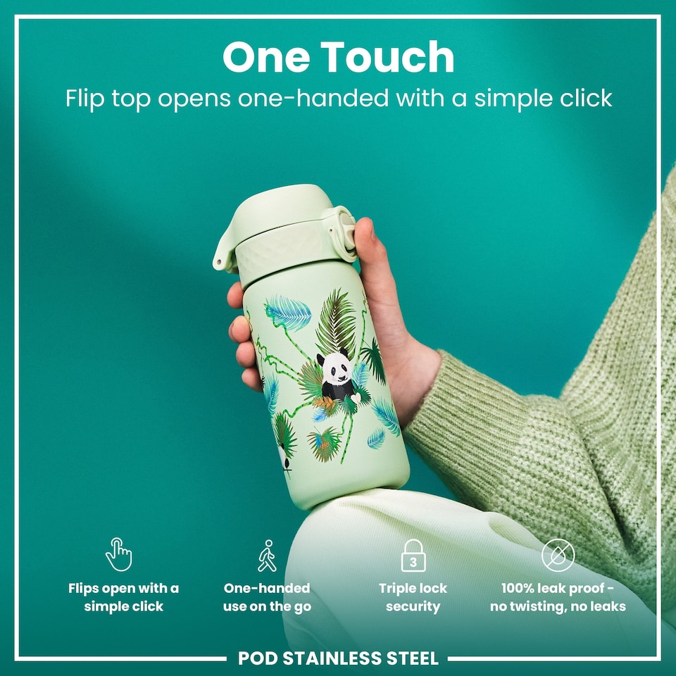image 1 of Leak Proof Kids Water Bottle, Stainless Steel, 400ml (13oz) | Green | Panda | One Size