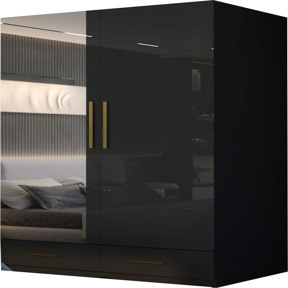 image 1 of Modern 2 Door High Gloss Wardrobe with Mirror, Gold Accent Handles & Storage - 90cm Wide Black | Black 90cm