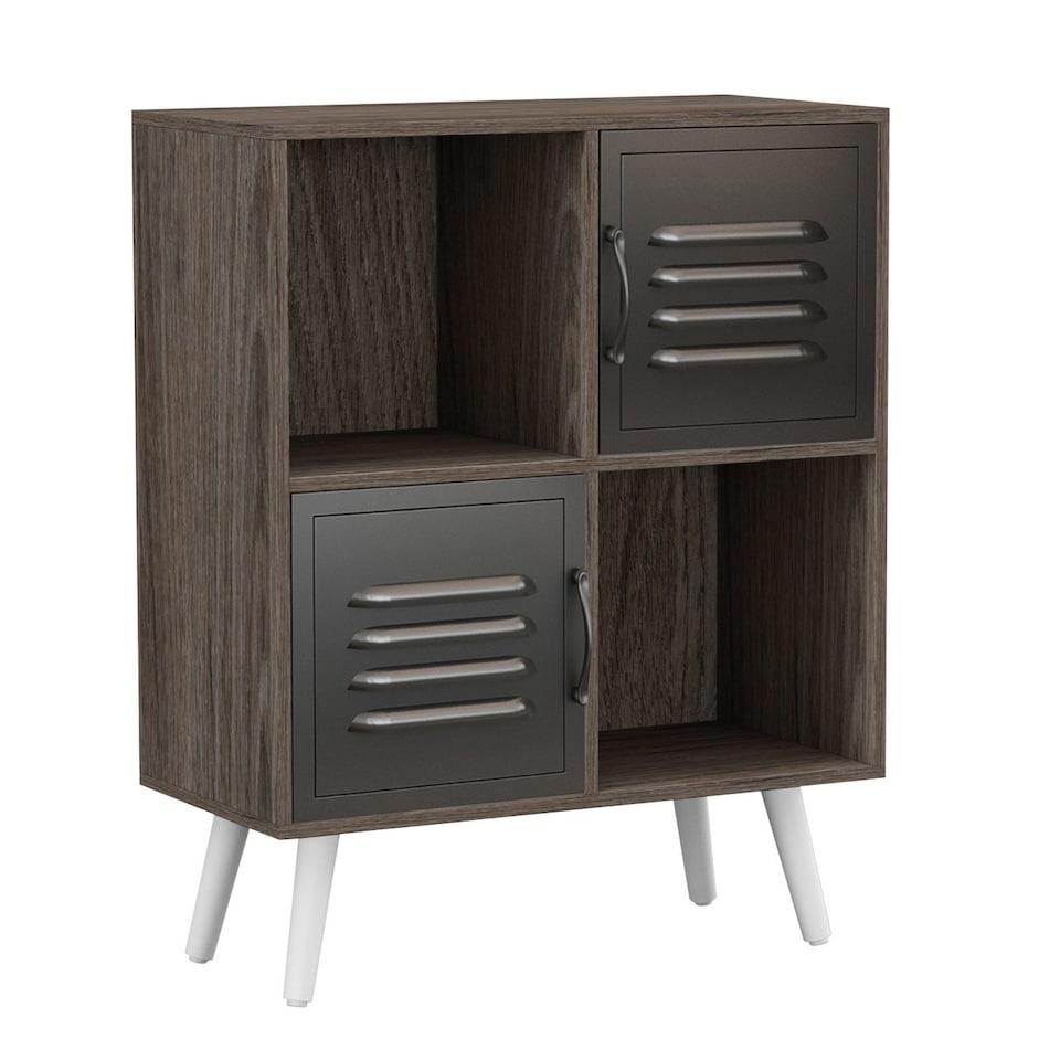 image 1 of Anthracite Oak 4-Cube Storage Unit with 2 Metal Doors and Legs | Black | Black & White | 1