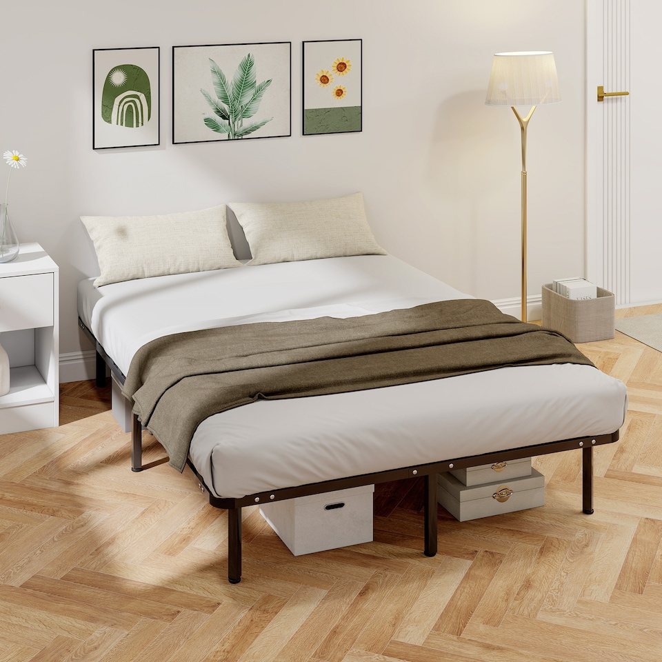 image 1 of HOMCOM 4ft6 Double Bed Frame, Metal Platform Bed Frame with 28 Wood Slats