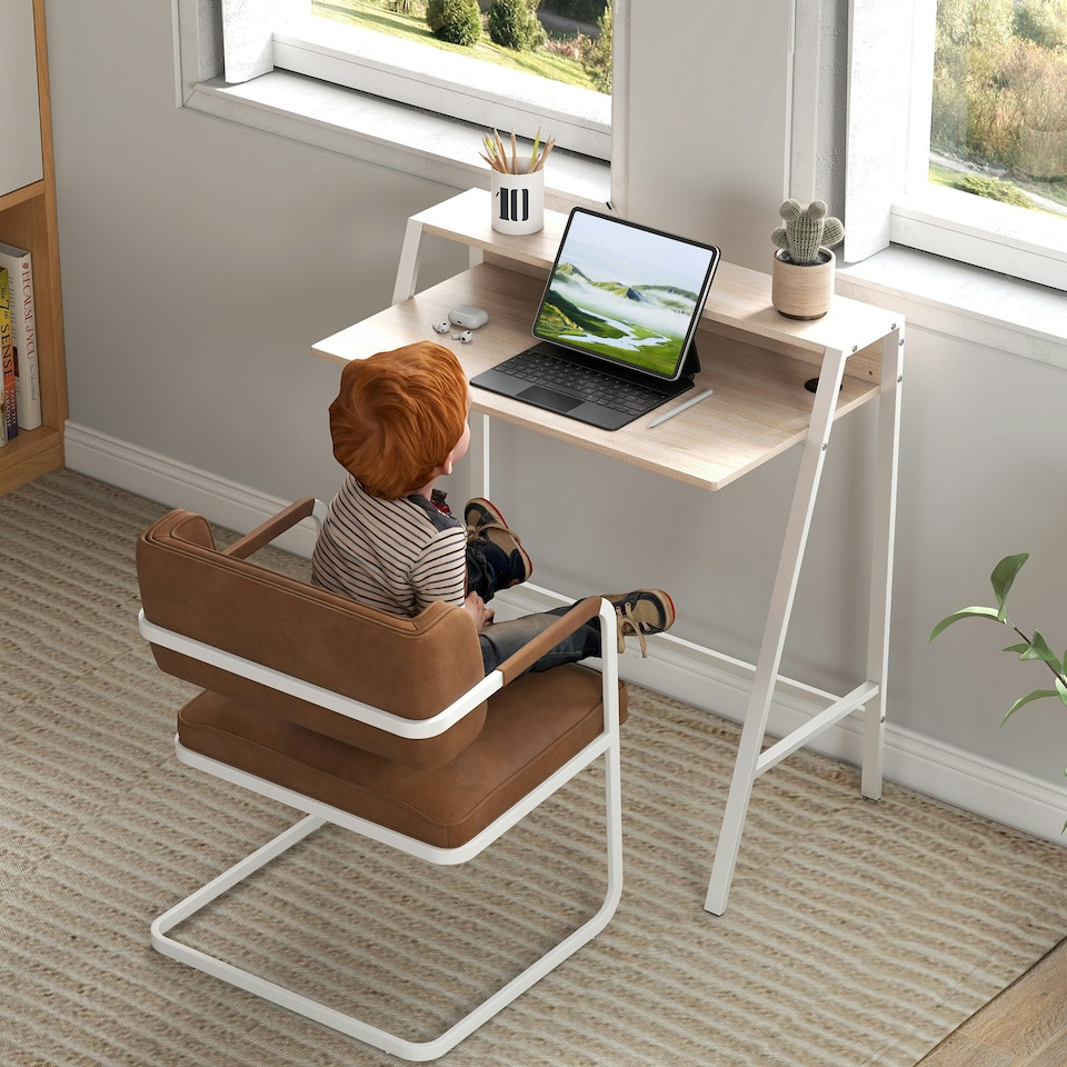 image 1 of HOMCOM 2-Tier Storage Computer Workstation with Shelf, Metal Frame White
