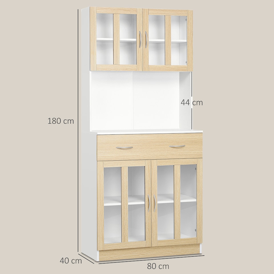 image 1 of HOMCOM Modern Kitchen Cupboard, Freestanding Storage Cabinet Hutch with Central Drawer, 2 Glass Door Cabinets and Countertop, 180cm