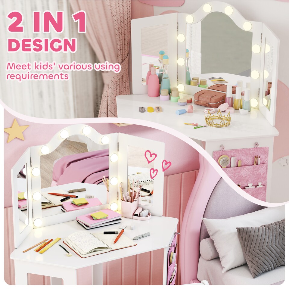 image 1 of AIYAPLAY Kids Dressing Table and Stool Set, Girls Vanity Table with 2-Colour LED Lights, Tri-Folding Mirror and Side Storage Pocket, Children Makeup Desk for Ages 3-8 Years, White