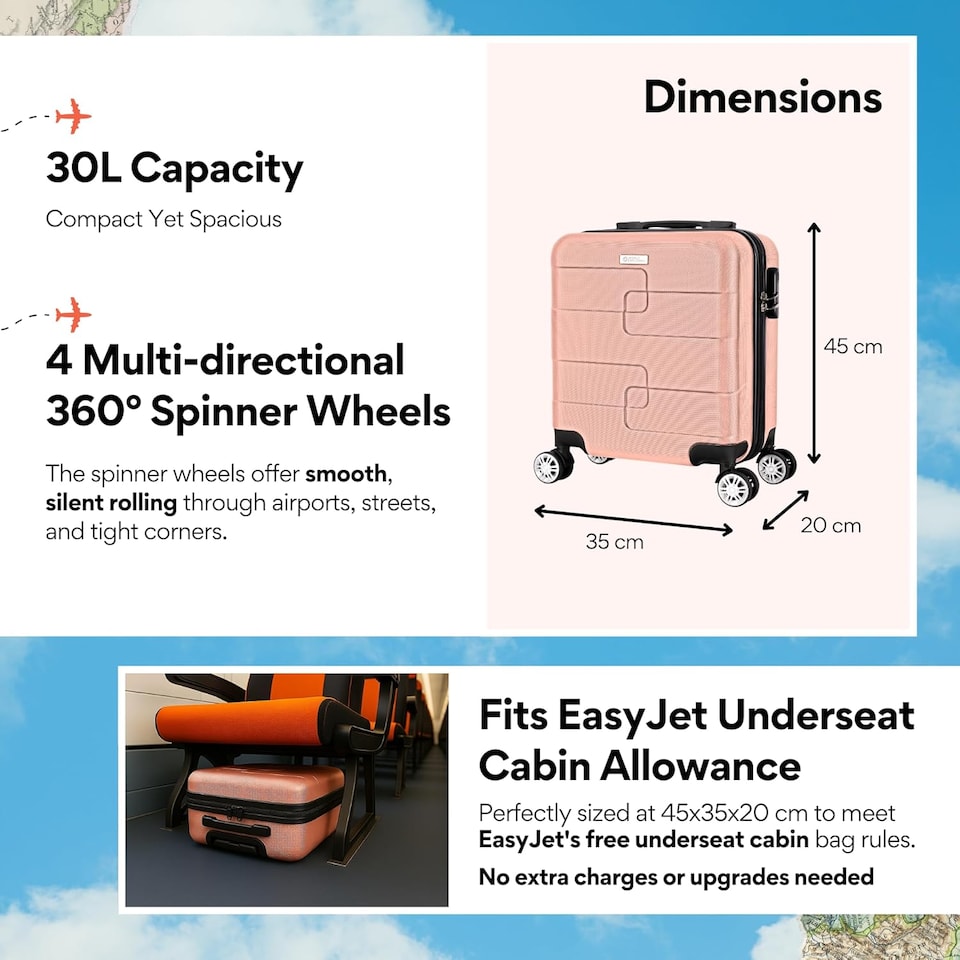 image 1 of Straame 45x35x20cm Rose Gold Cabin Suitcase, 360° Spinner Wheels