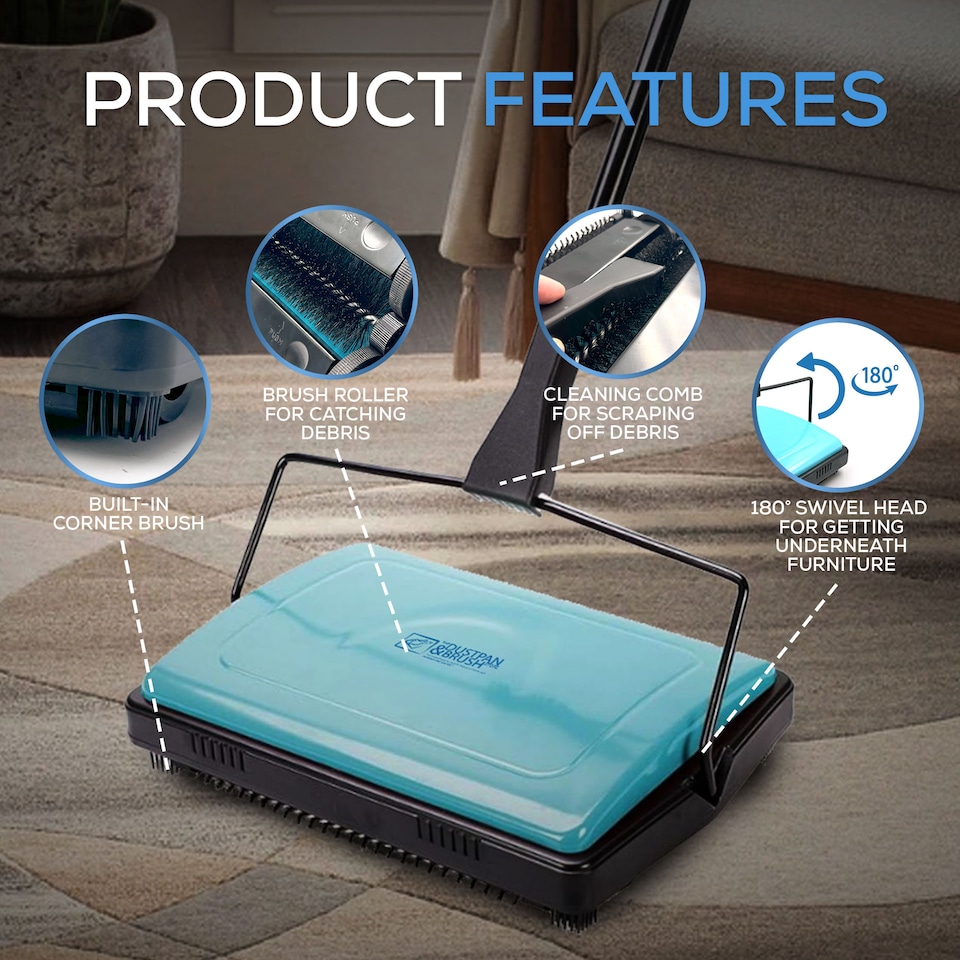 image 1 of Manual Carpet Sweeper with Detachable Cleaning Comb Cordless Carpet & Rug Cleaner for Efficient Floor Cleaning