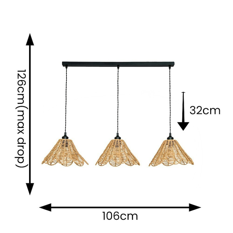image 1 of ValueLights Vine Natural Rattan Flower Shade 3 Drop Matte Black Diner Ceiling Pendant Light Black