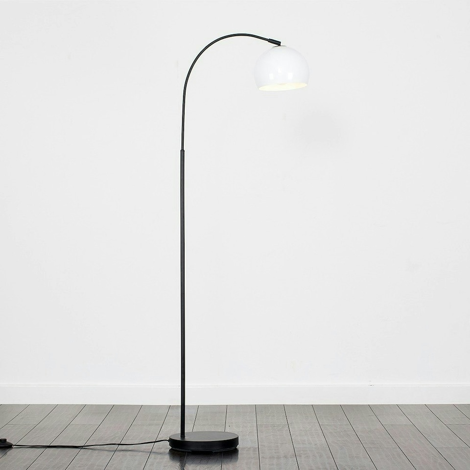 image 1 of ValueLights Curva Gloss Black Floor Lamp with White Dome Shade and LED Bulb