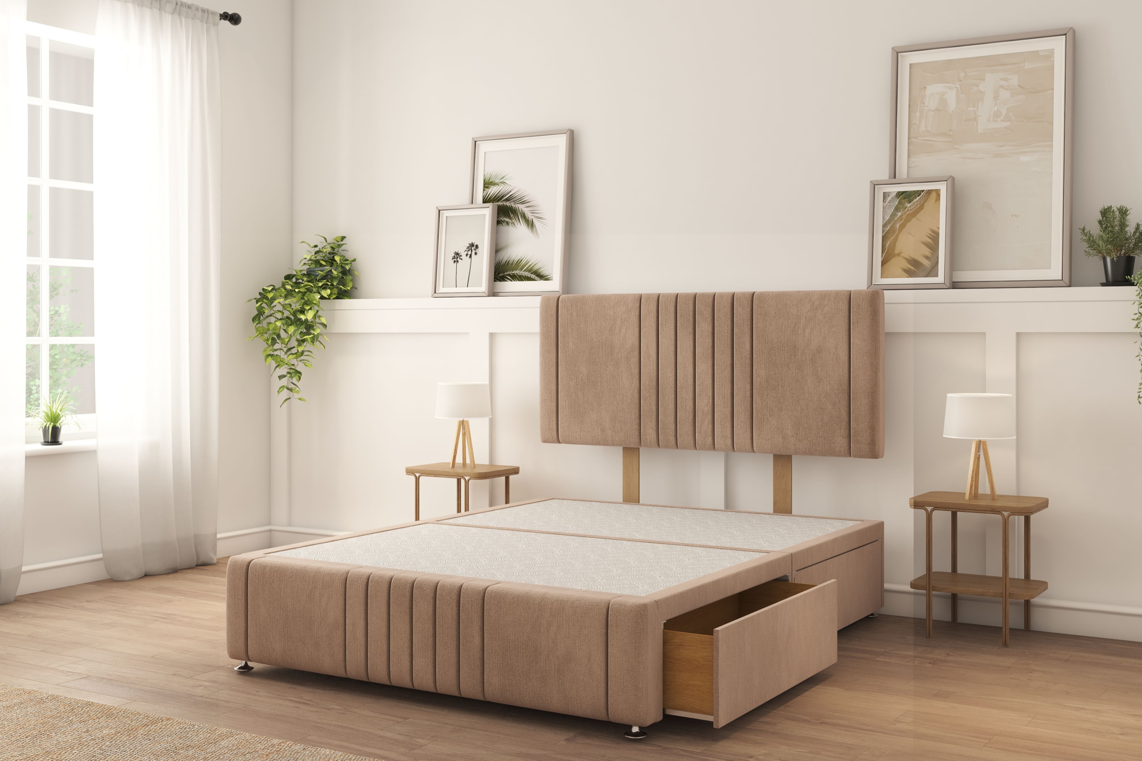 Sloomy Harrington Mink Naples Divan Bed Base 2 Drawers Right Side With 26" Strutted Headboard & 12" Footboard 4'6 Double