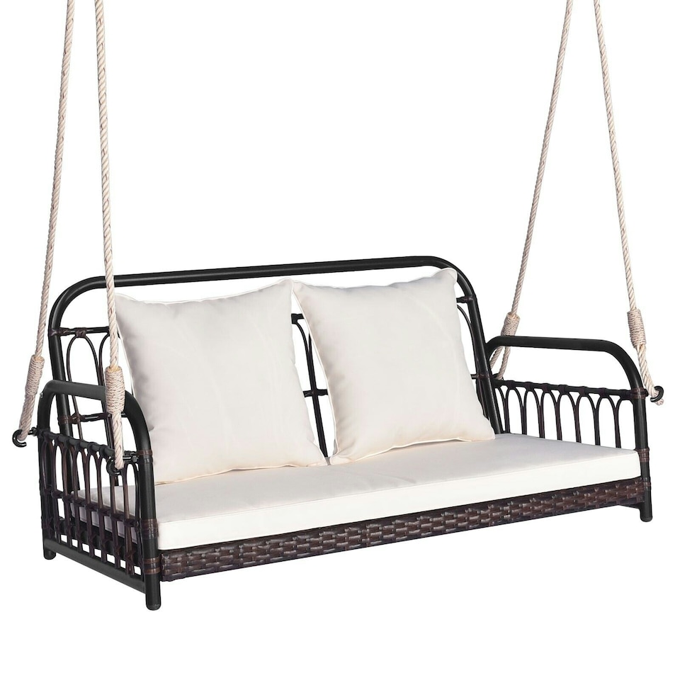 image 1 of COSTWAY 2-Person Patio Wicker Swing Chair Hanging Bench w/Cushions | White