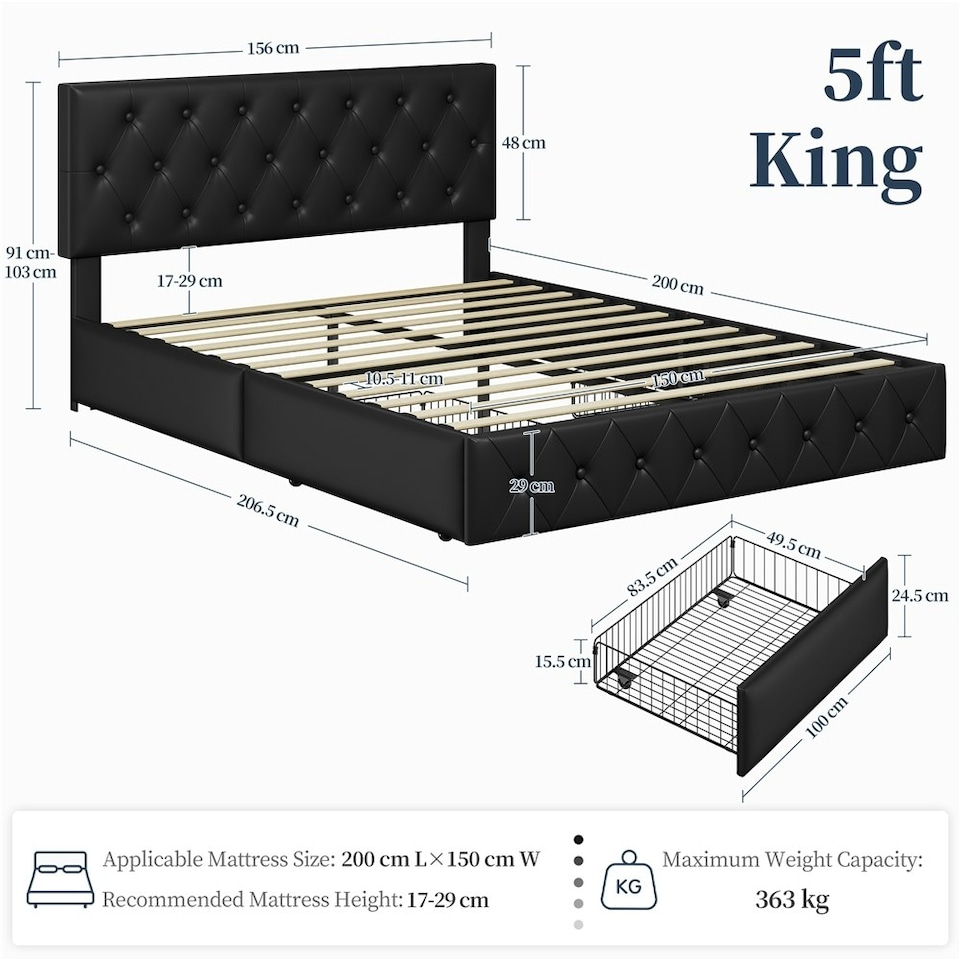 image 1 of Yaheetech 150 cm W × 200 cm L Bed Frame with Adjustable Headboard and 2 Drawers Black