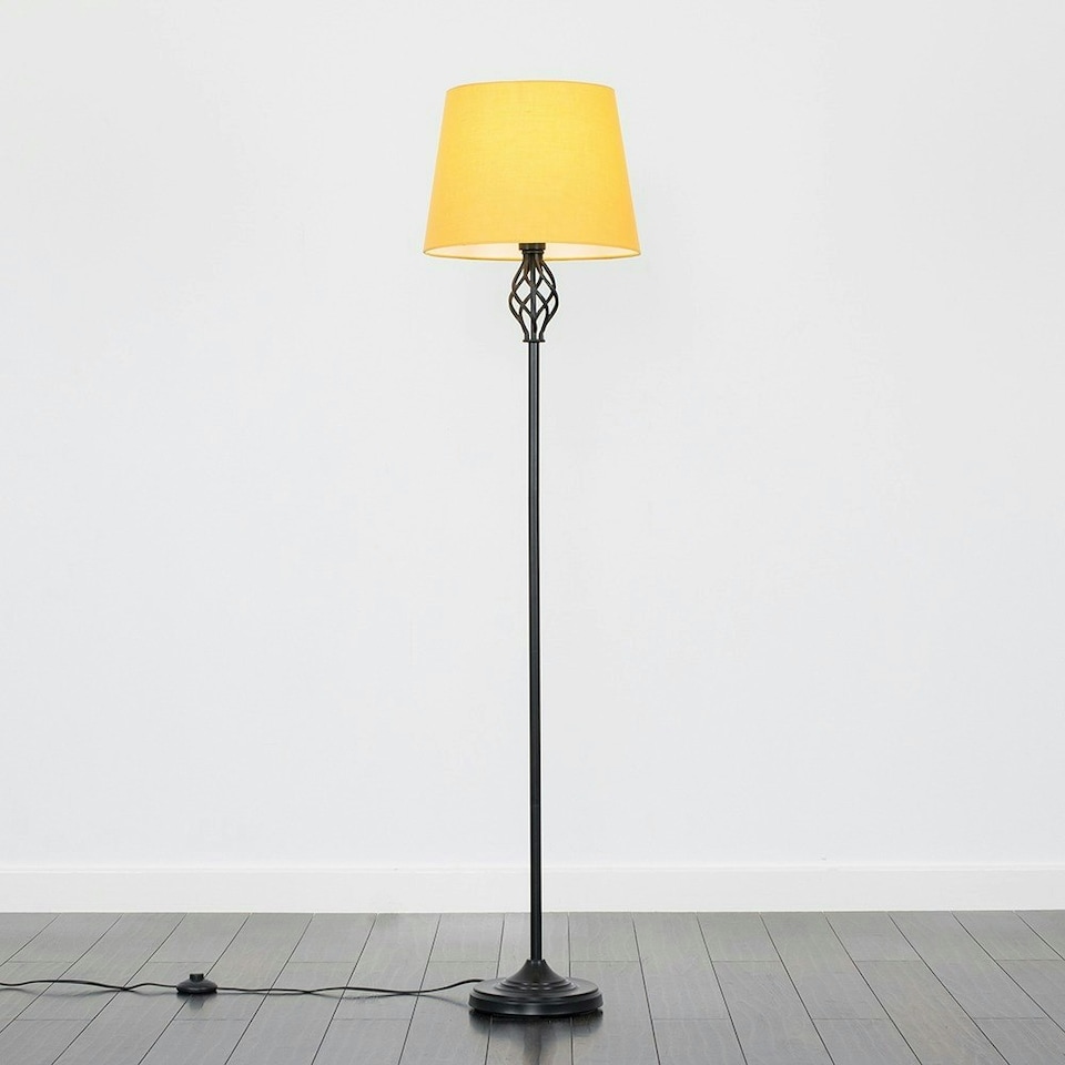 image 1 of ValueLights Traditional Style Black Barley Twist Floor Lamp With Mustard Light Shade