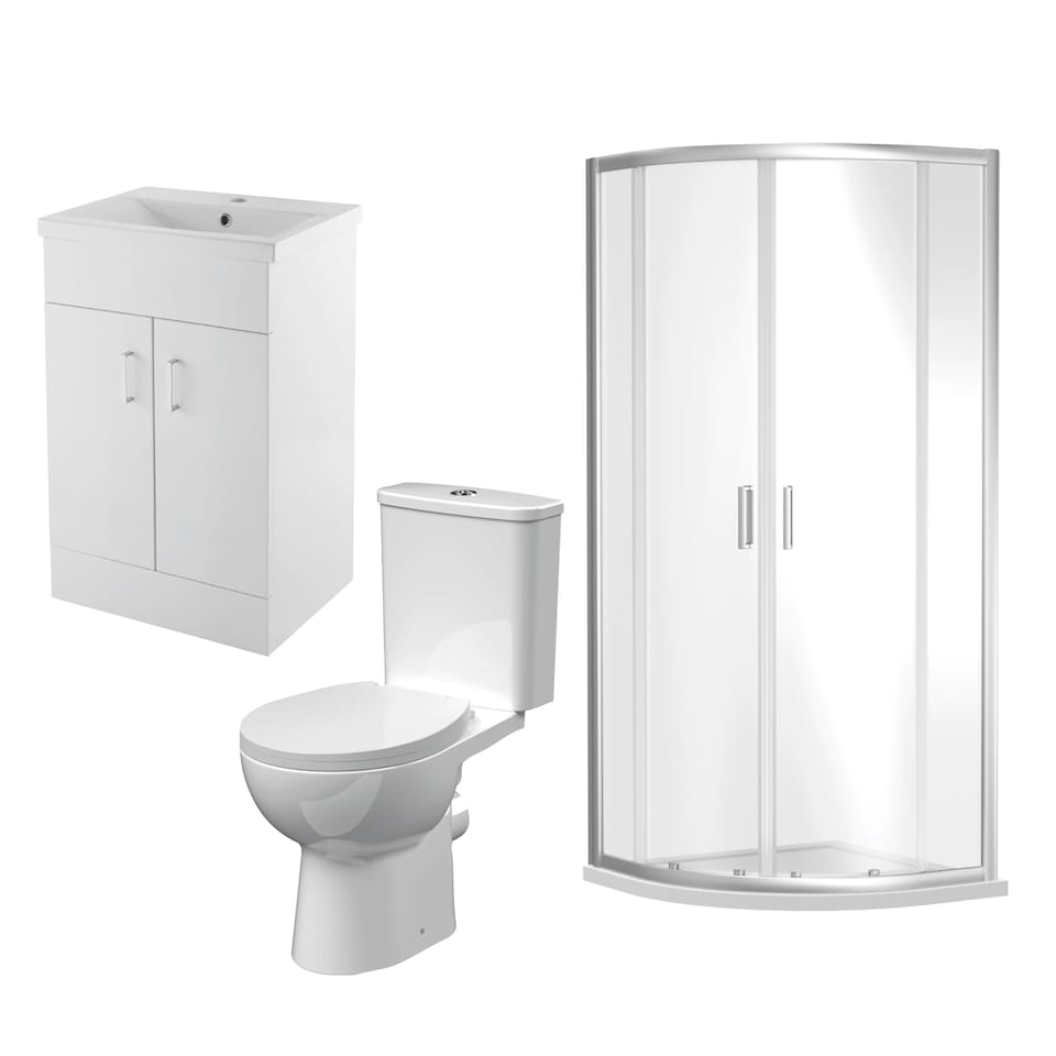 900mm Quadrant Shower Enclosure Suite with Shower Enclosure, Shower Tray, Waste, Vanity Basin Unit,Toilet and Seat - Chrome/White White