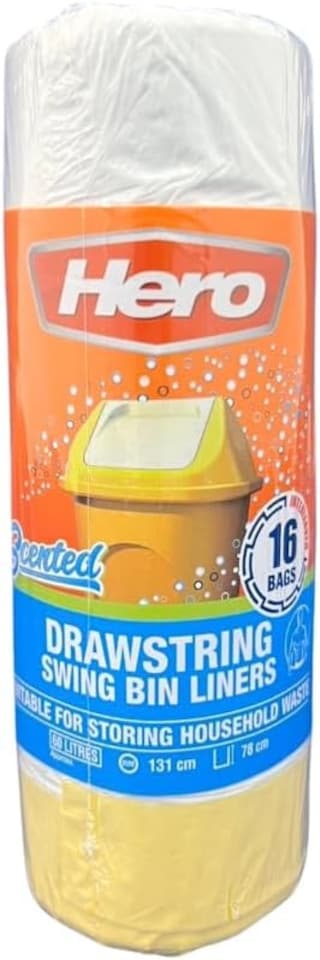 image 1 of Hero Swing Scented Drawstring Bin Bags 60L – Roll of 16 Bags | Strong Tear-Resistant Kitchen Bin Liners with Fresh Fragrance