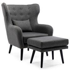 Winslow Wing Back Fabric Occasional Button Back Armchair w Footstool (Grey)