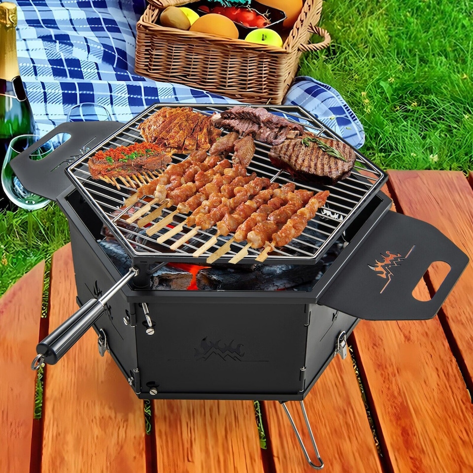 image 1 of Portable Charcoal Grill Stove 360° Rotatable Outdoor Hibachi Grill Smoker