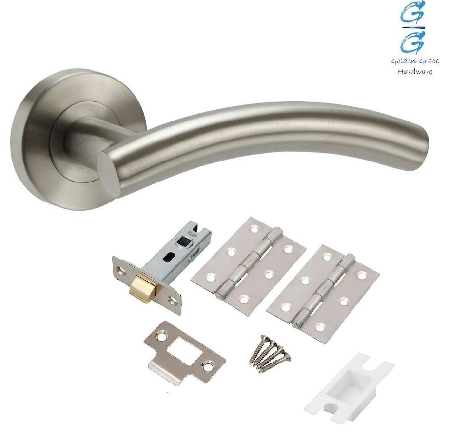 image 1 of Golden Grace 5 Sets Arched T-Bar Door Handles on Round Rose in Satin Nickel Finish with Latch and Ball Bearing Hinges | Silver | 5 Set