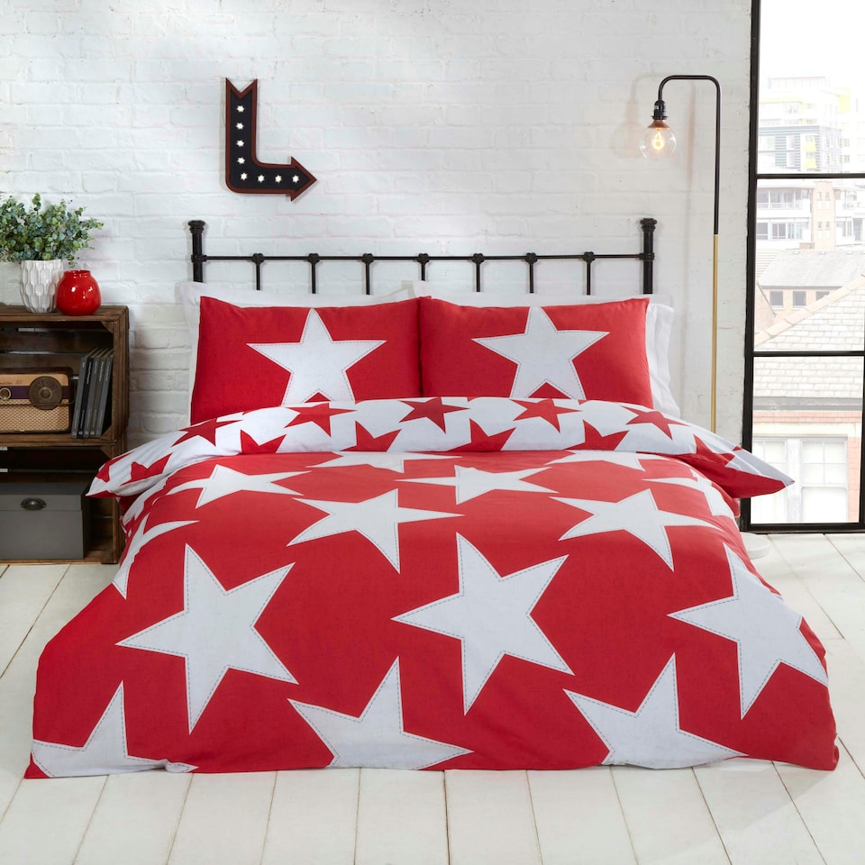 image 1 of All Stars Polycotton Reversible Duvet Set with Pillowcase Red | Double