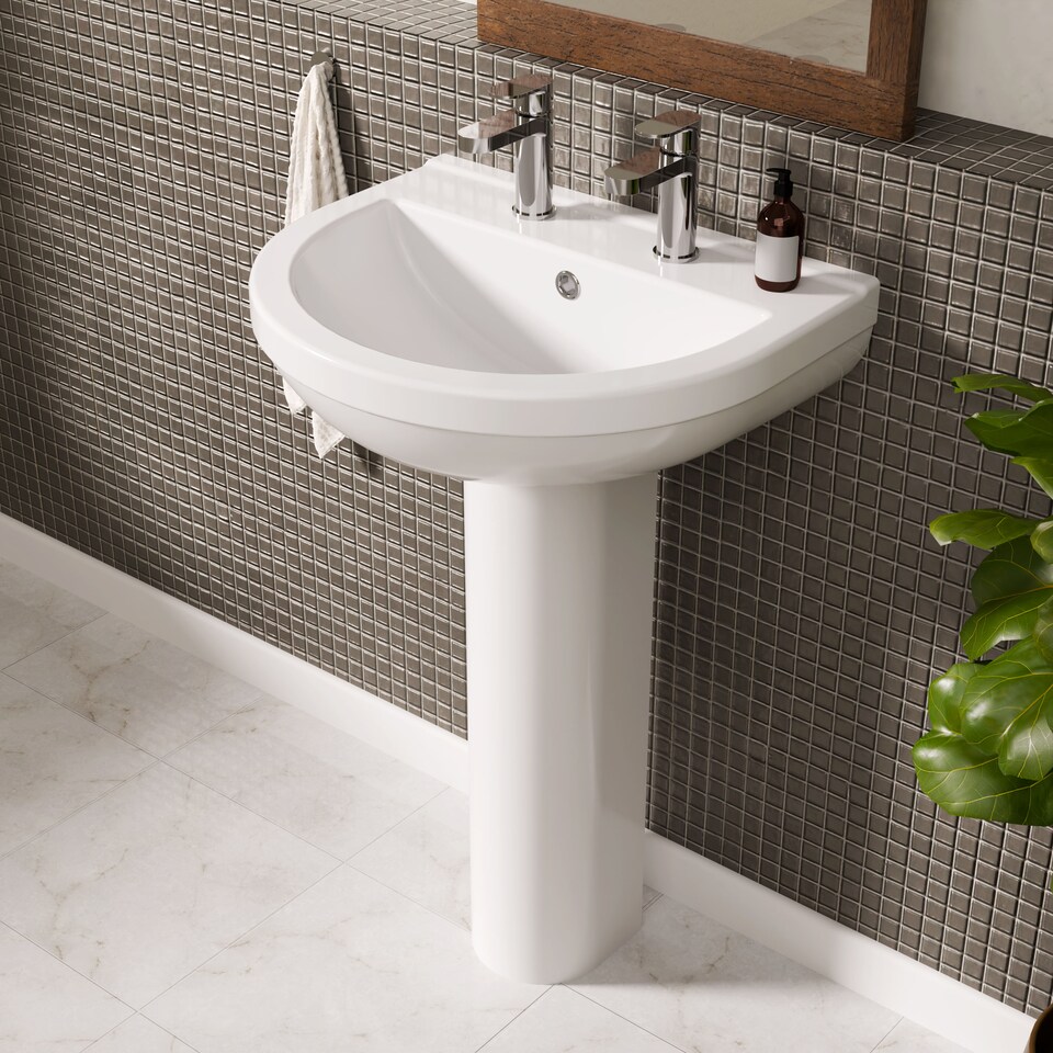 image 1 of Round 2 Tap Hole Basin Full Pedestal 550mm | White | White | 445 x 555 x 845mm