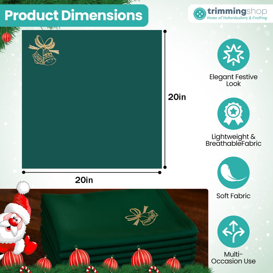 image 1 of 1pc Christmas Table Napkin Set with Festive Jingle Bell Embroidery - 20 Inch