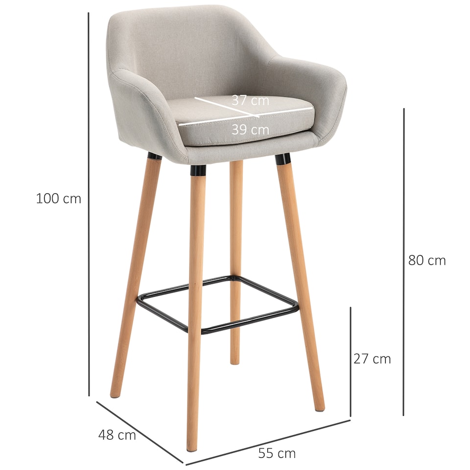 image 1 of HOMCOM 2 PCs Upholstered Bucket Seat Bar Stools w/ Solid Wood Legs Beige