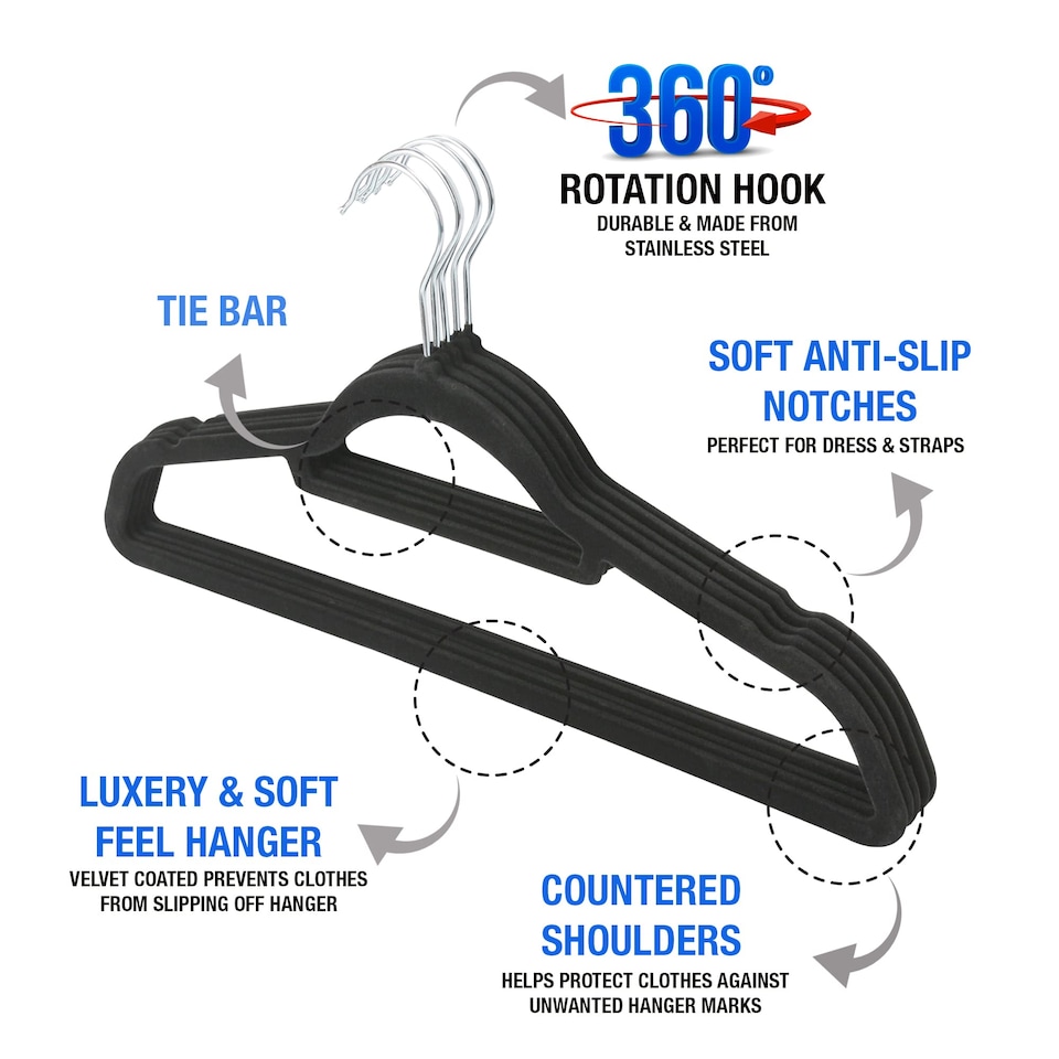 image 1 of KAV Velvet Hangers For Coat, Clothes, Trouser, Dress Non Slip, Slim, Space Saving Hanger For Home, Black Hanger 20