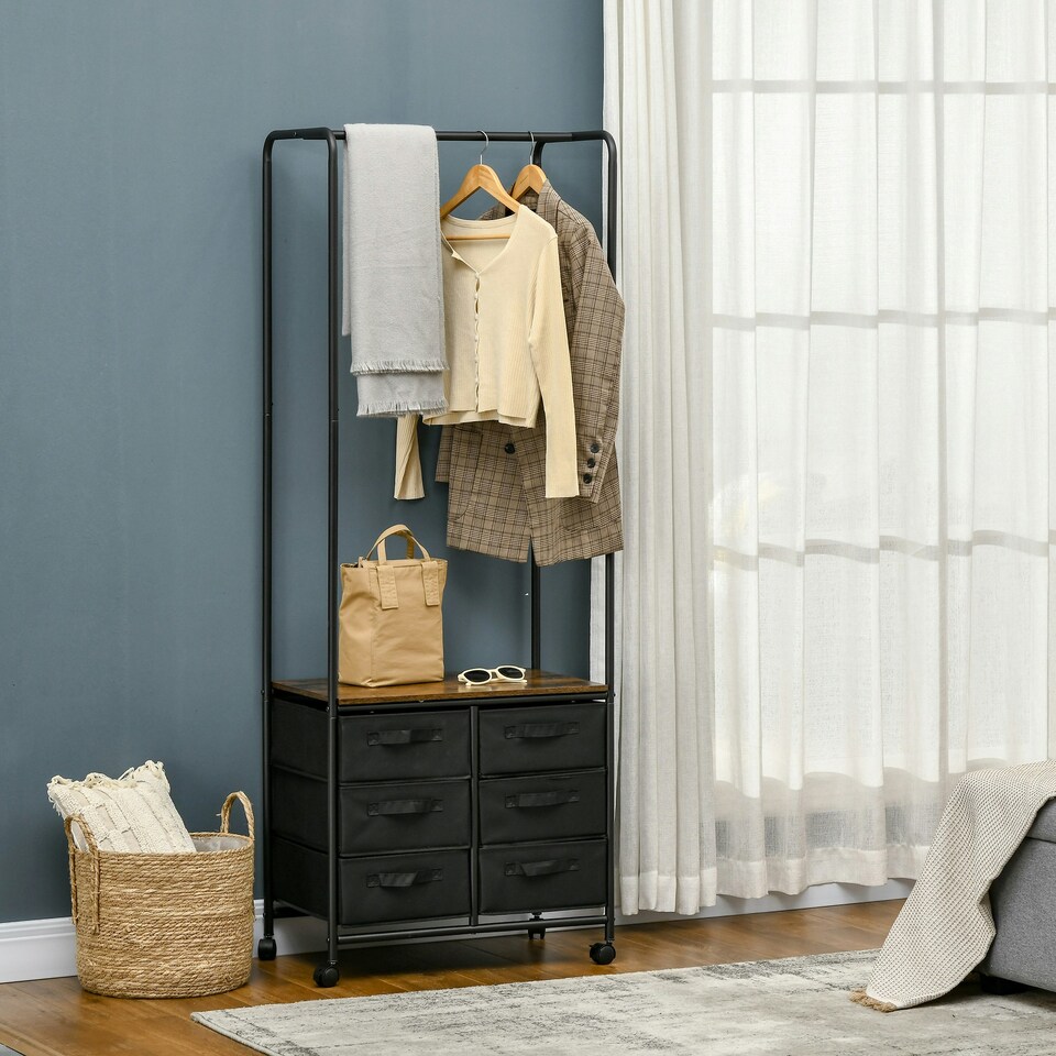 image 1 of HOMCOM Hanging Clothes Rail Clothes Rack w/ 6 Fabric Drawers for Hallway Bedroom