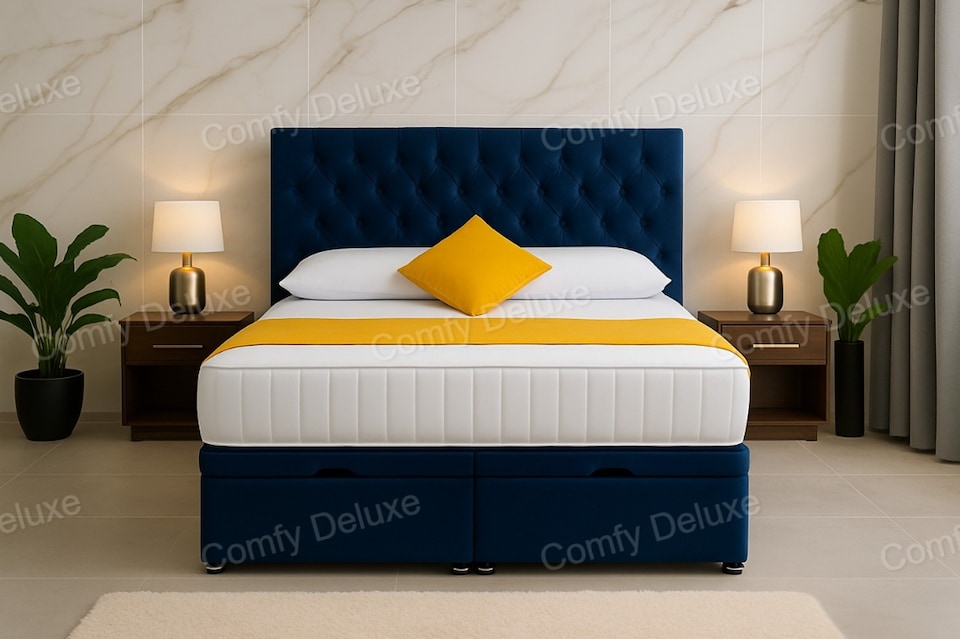 image 1 of 6ft Superking Chesterfield Blue Plush Ottoman End Open Bed with Headboard and Mattress Set