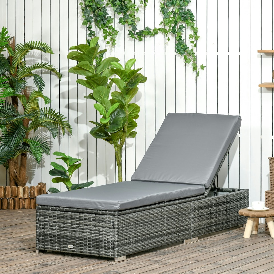 image 1 of Outsunny PE Rattan Sun Lounger, Five-level Adjustable Recliner Bed Chair with Soft Padded Cushion for Patio, Garden, Mixed Grey