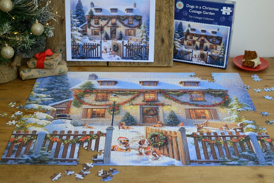 image 1 of Dogs in a Christmas Cottage Garden 1000 Piece Jigsaw Puzzle