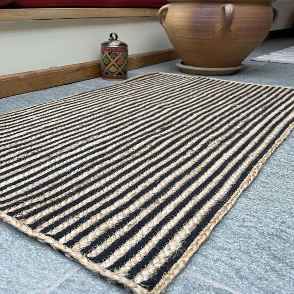 image 1 of CHAKKAR DARK Stripe Rectangular Braided Beige Black Rug - Jute - L75 x W120 - Beige/Black Brown