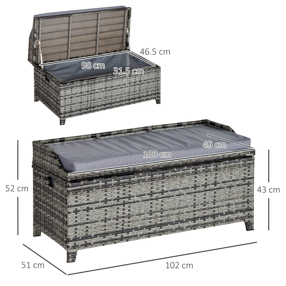 image 1 of Outsunny PE Rattan Outdoor Storage Bench, Aluminium Garden Bench with Storage Underneath with Zipped Inner Lining, Rods for Deck, Mixed Grey