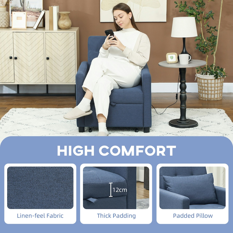image 1 of HOMCOM Convertible Single Chair Bed with Upholstered Fabric, Blue Blue | Blue