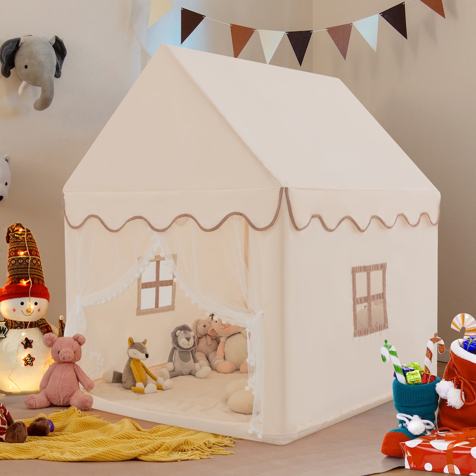 image 1 of COSTWAY Kids Play Tent Indoor Playhouse with Padded Mat-Beige