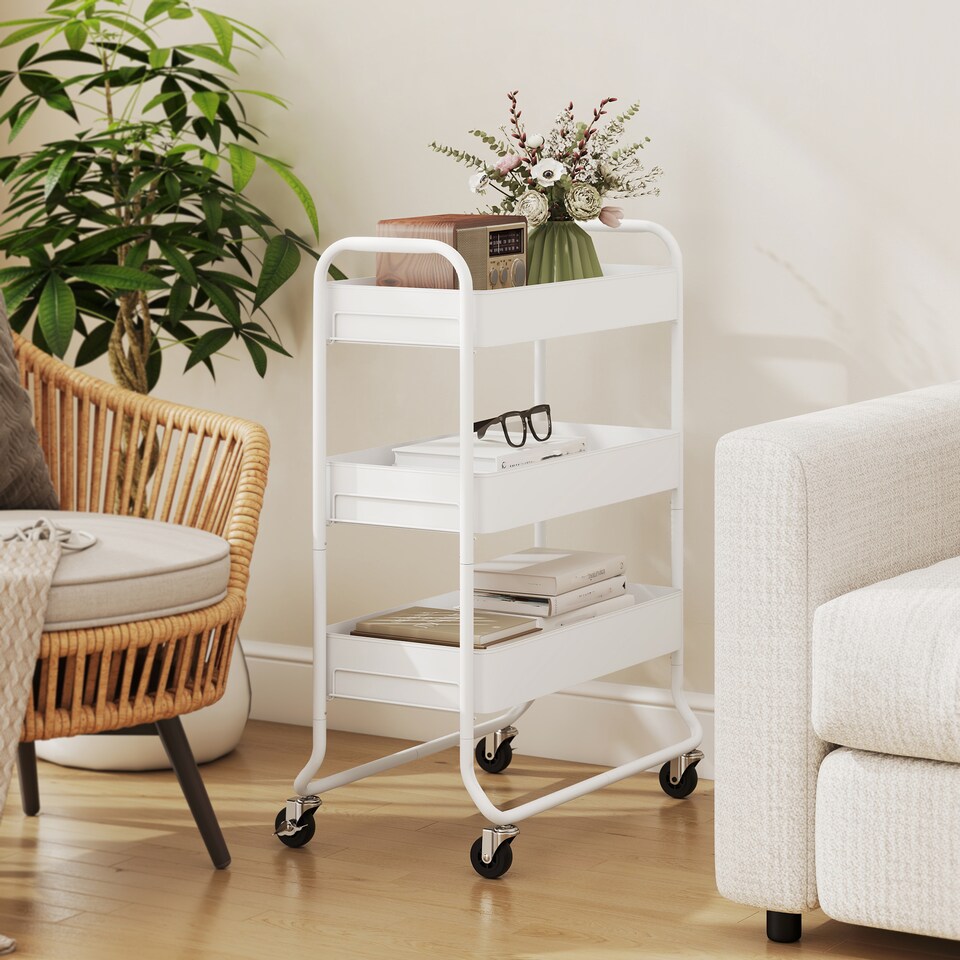 image 1 of HOMCOM 3-Tier Storage Trolley on Wheels, Rolling Utility Cart with Mesh Backets, Mobile Storage Cart for Kitchen, Bathroom, Bedroom, White | White | White