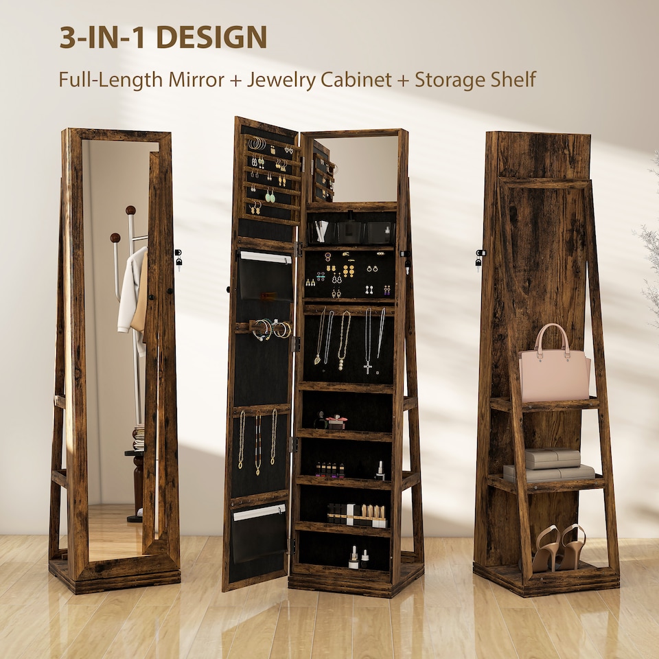 image 1 of HOMCOM 360  Swivel Jewellery Cabinet, Free Standing Full Length Mirror with Storage, Lockable Jewellery Organiser with Built-in Makeup Mirror and Storage Shelves for Bedroom, Rustic Brown | Brown | Rustic Brown