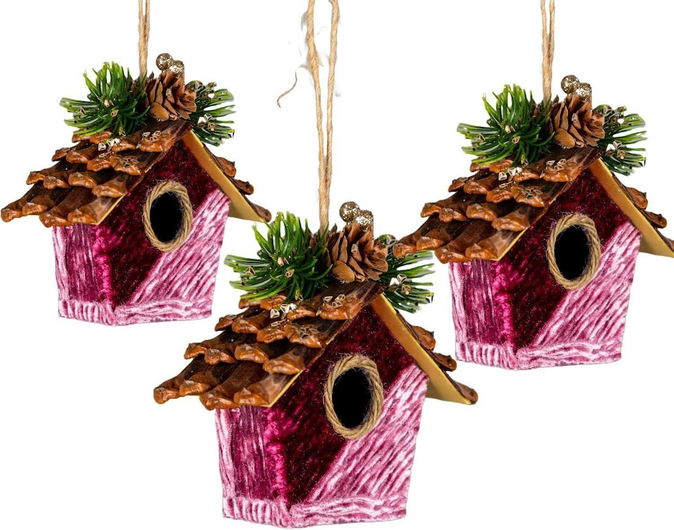image 1 of Pink Burgundy Birdhouse 10x11cm - Christmas Tree Hanging Decorations Ornaments Fairy Tale Themed