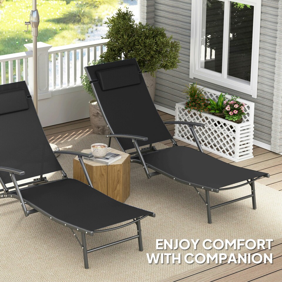image 1 of Outsunny Set of 2 Garden Sun Loungers, Folding Chaise Lounge Chairs, Black