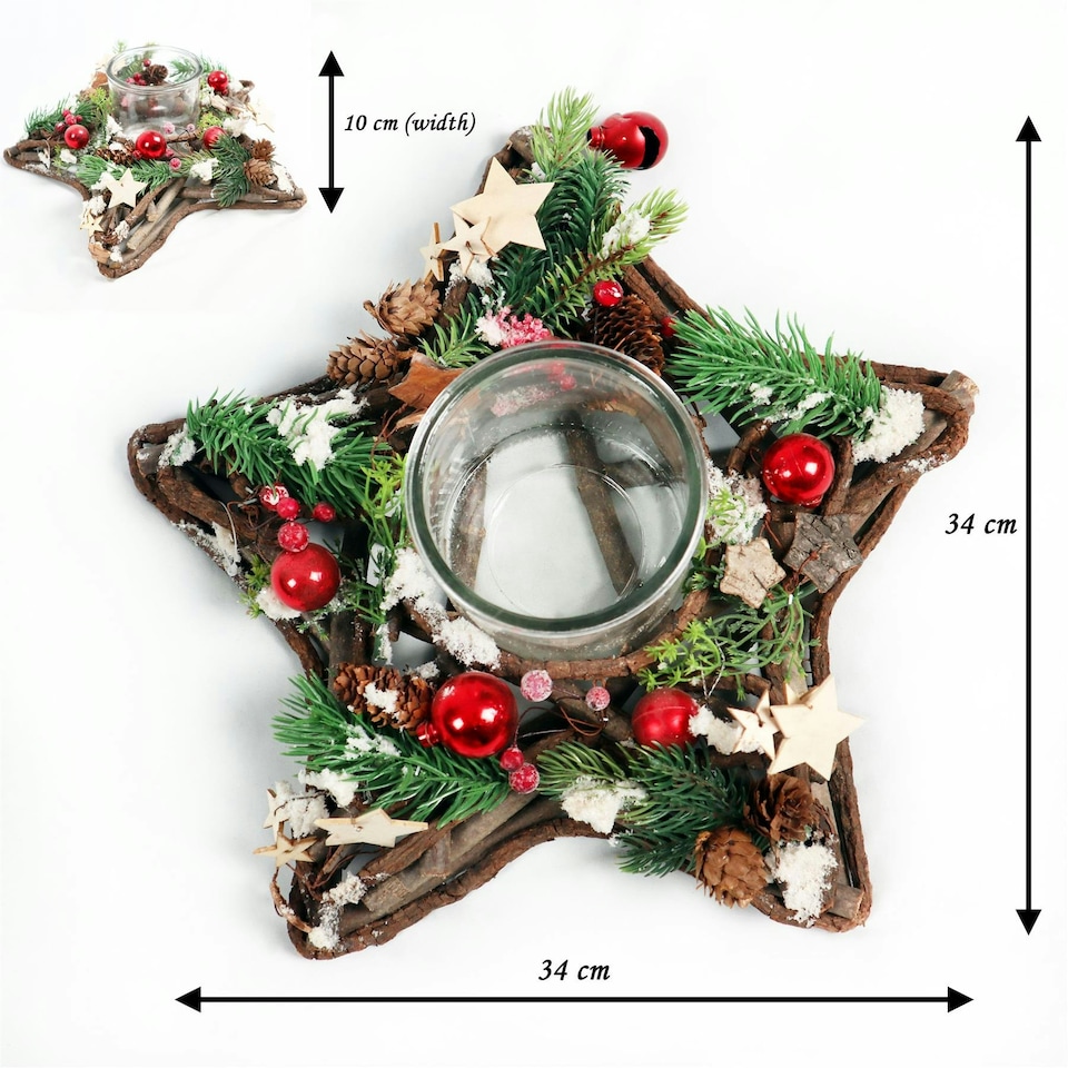image 1 of Star Shape Wooden Candle Holder Tabletop Centrepiece Christmas Decorated with Red/Silver Baubles, Berries and Cones