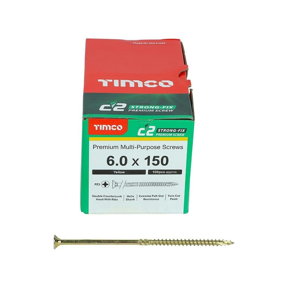 image 1 of Timco - C2 Strong-Fix Multi-Purpose Premium Screws - PZ - Double Countersunk - Yellow (Size 6.0 x 150 - 100 Pieces)